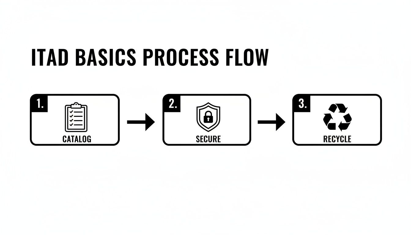 ITAD basics process flow showing cataloging, securing data, and recycling electronic assets.