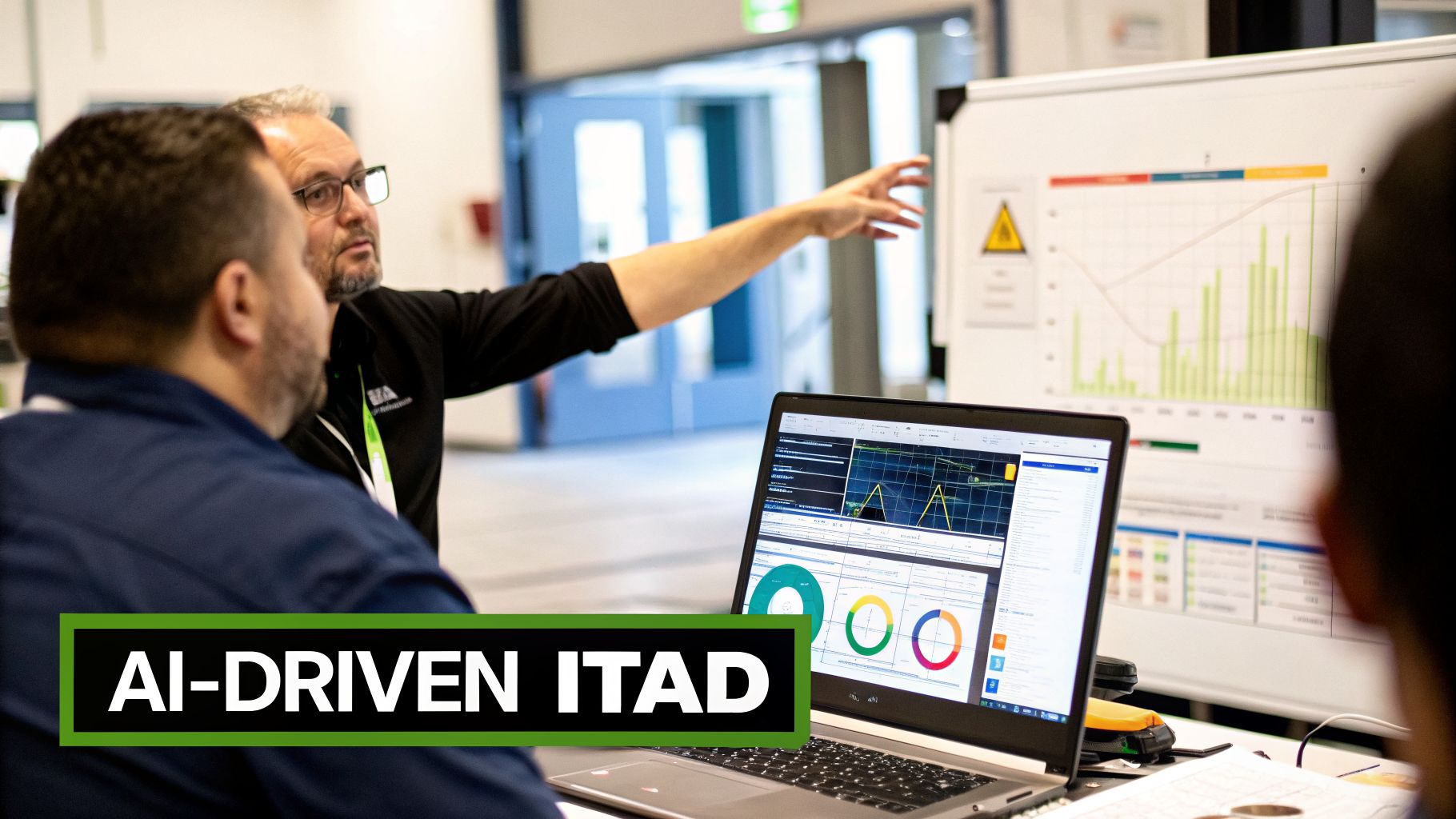 Business professionals discuss AI-driven ITAD solutions with data visualizations on a whiteboard and laptop.