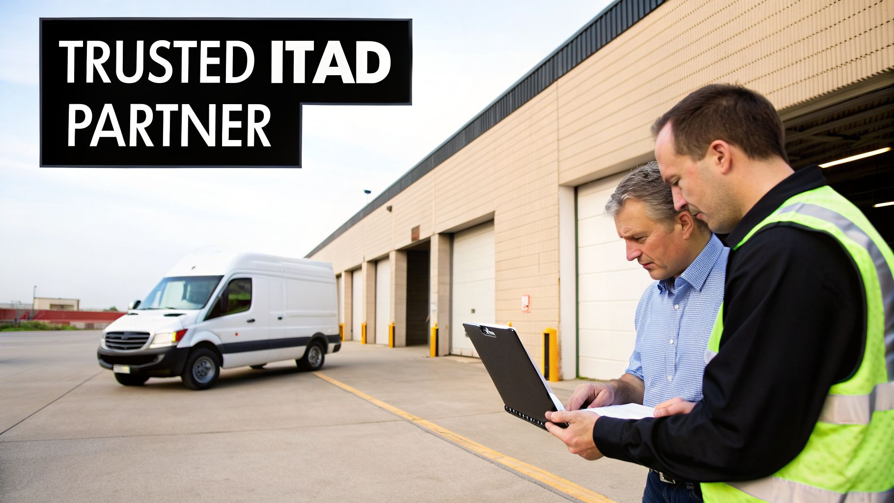 Two men, one in a high-visibility vest, review documents on a laptop by a white delivery van and warehouse.