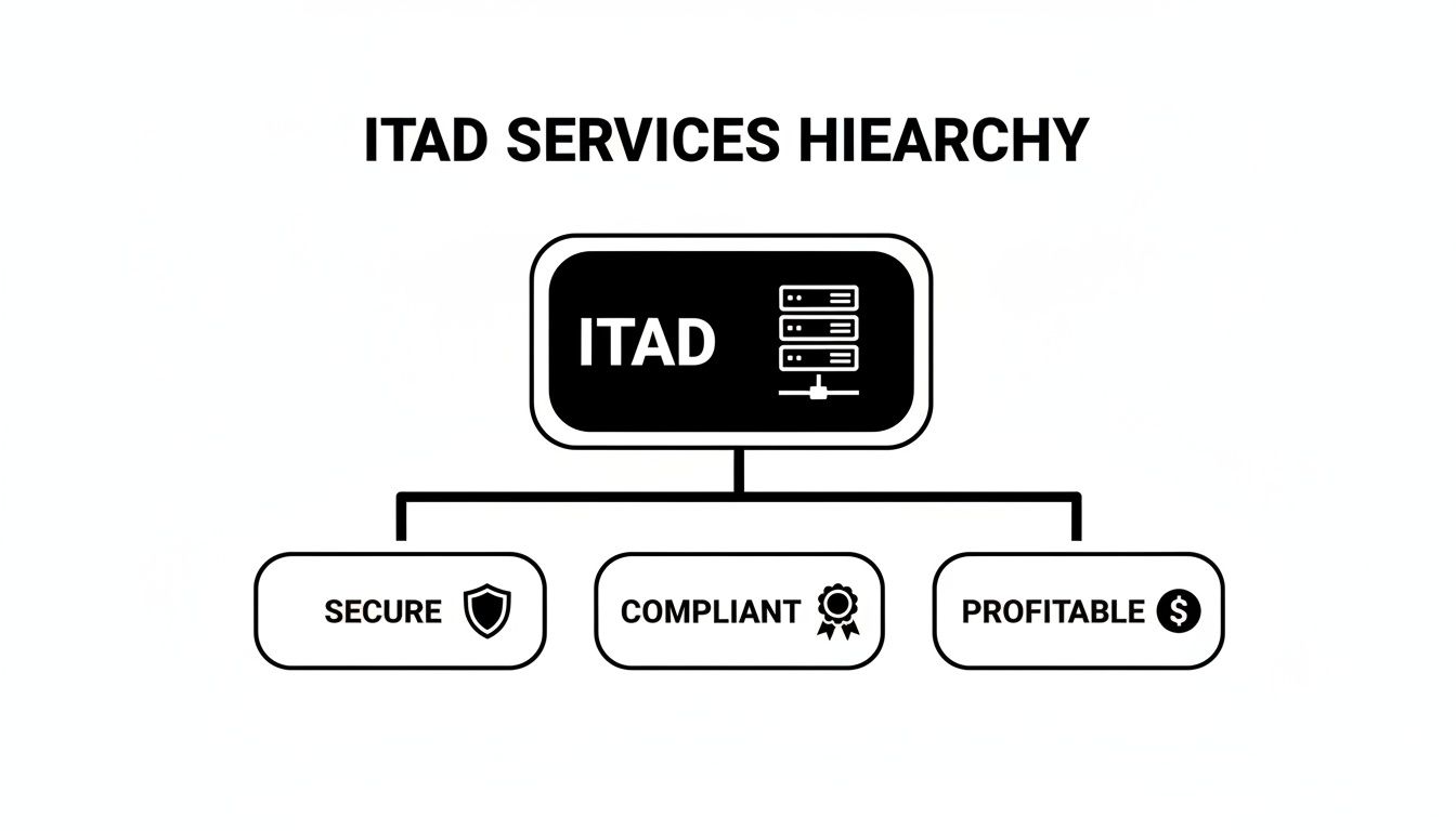 A hierarchy diagram illustrating ITAD services, emphasizing secure, compliant, and profitable aspects.