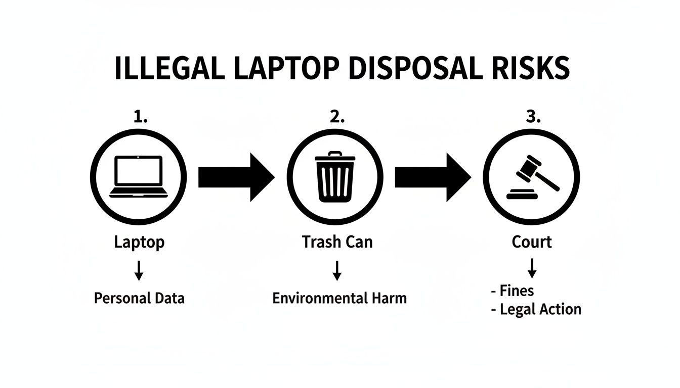 Diagram showing risks of illegal laptop disposal: personal data exposure, environmental harm, and legal action.