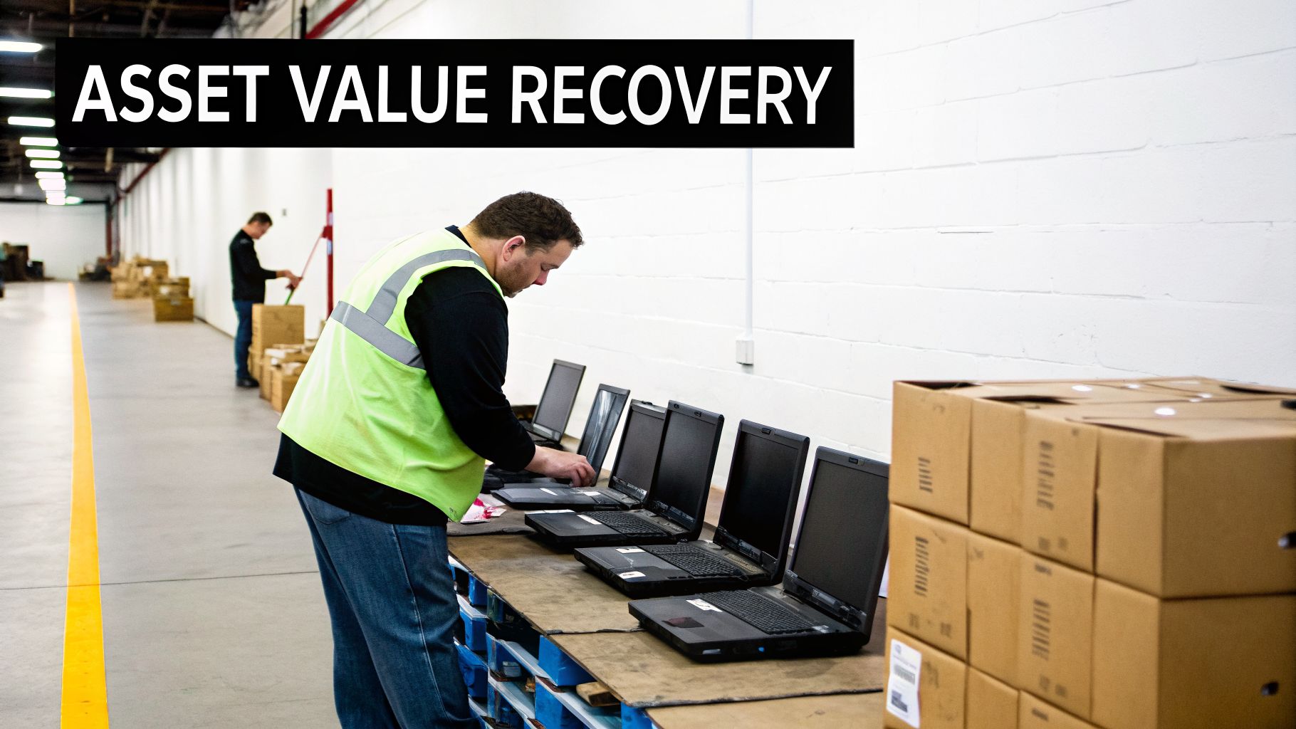Warehouse worker in a high-vis vest inspects laptops for asset value recovery services.
