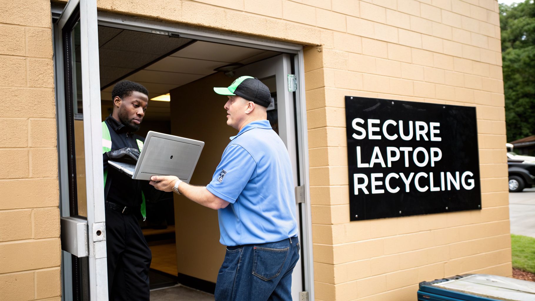 Two men exchange a silver laptop outside a 'Secure Laptop Recycling' facility.