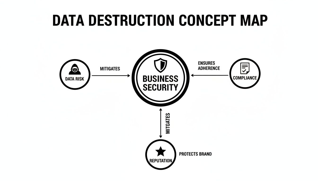 Data Destruction Concept Map showing how business security mitigates data risk, ensures compliance, and protects reputation.