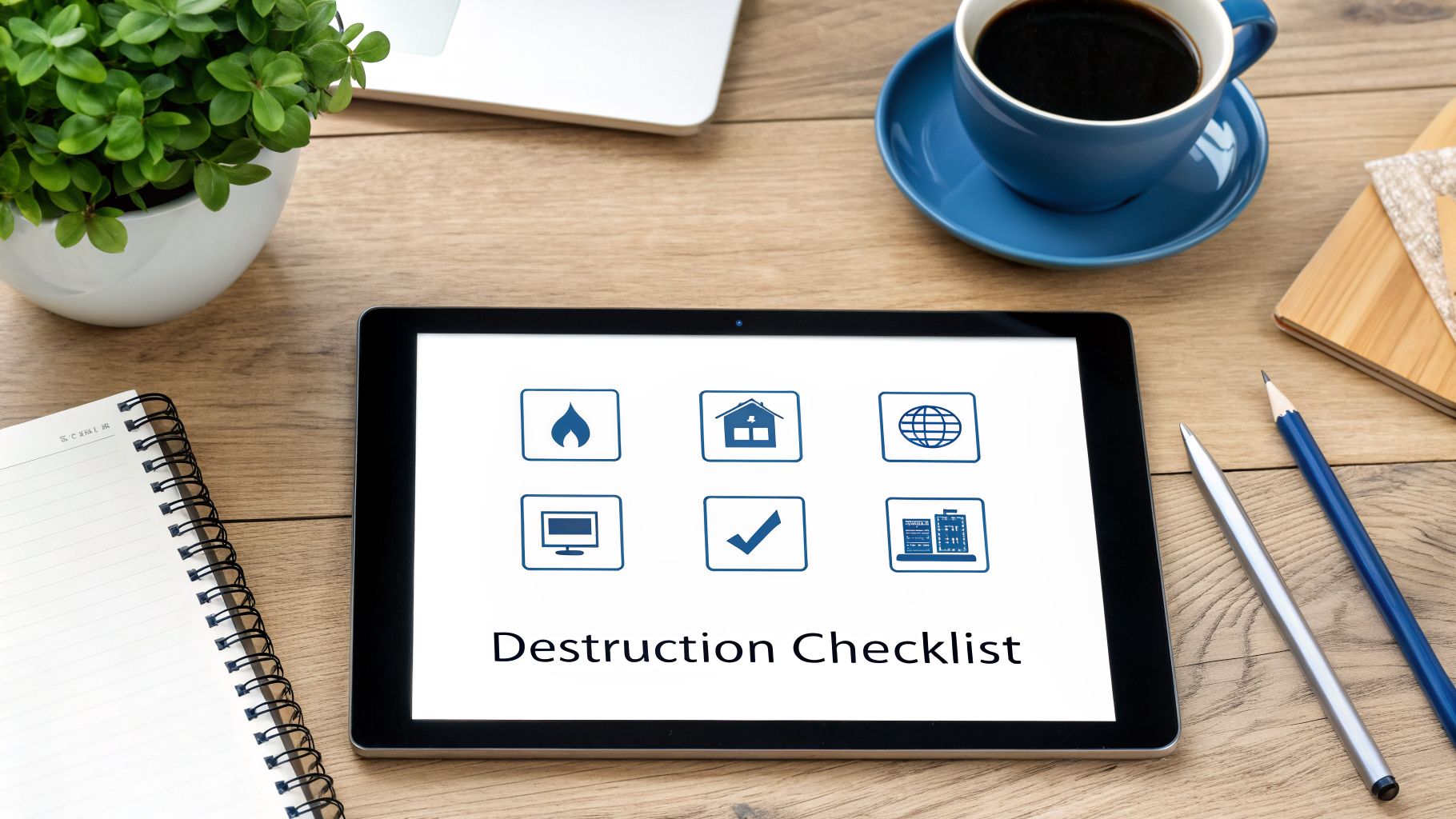 Overhead view of a tablet displaying a 'Destruction Checklist' with icons, next to a coffee cup and notebook.