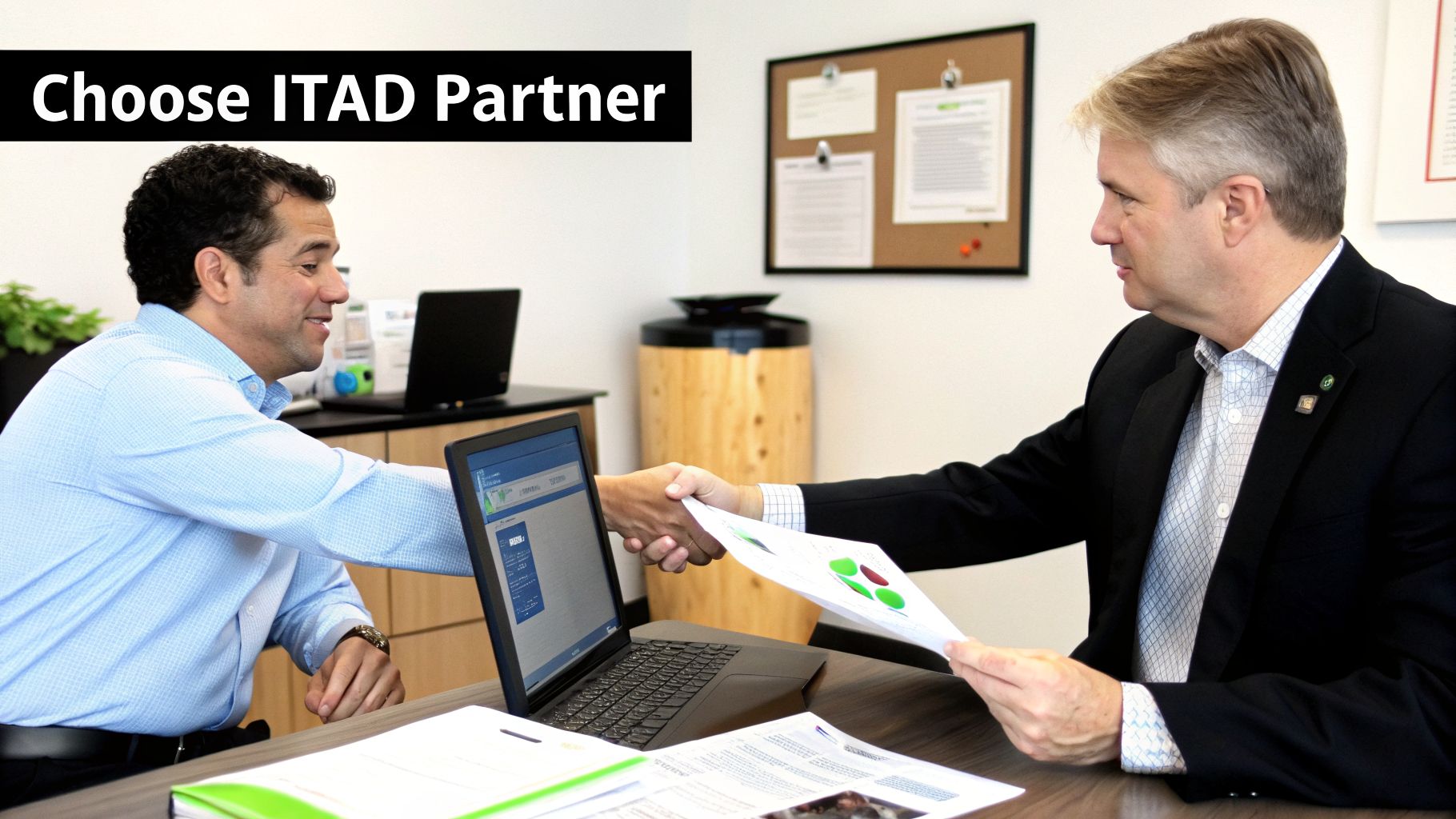 Professionals shake hands in an office, symbolizing an ITAD partner agreement.
