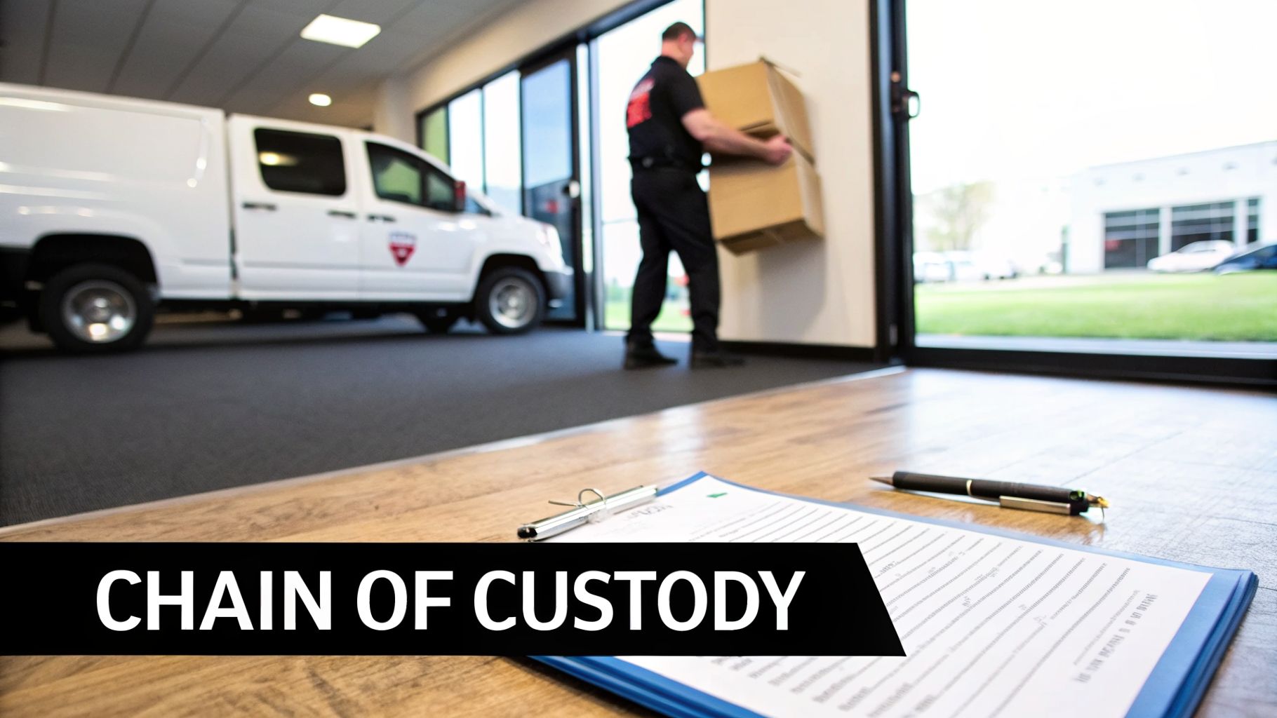 A man carries boxes from a white security van, with a 'chain of custody' document in the foreground.