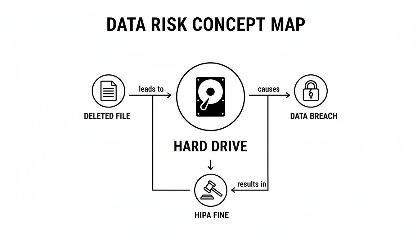 Concept map illustrating data risk, showing deleted files on a hard drive leading to data breaches and HIPA fines.