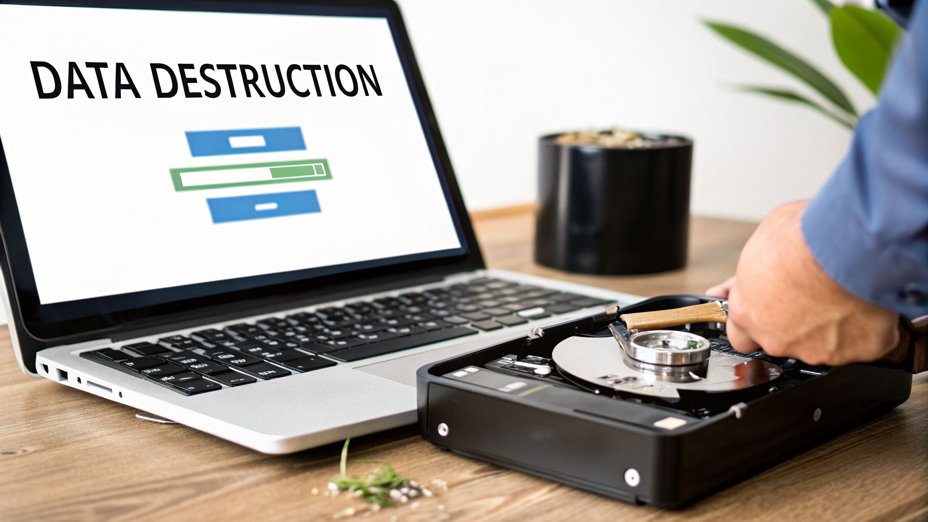 Laptop displays 'DATA DESTRUCTION' while a person physically destroys an open computer hard drive.