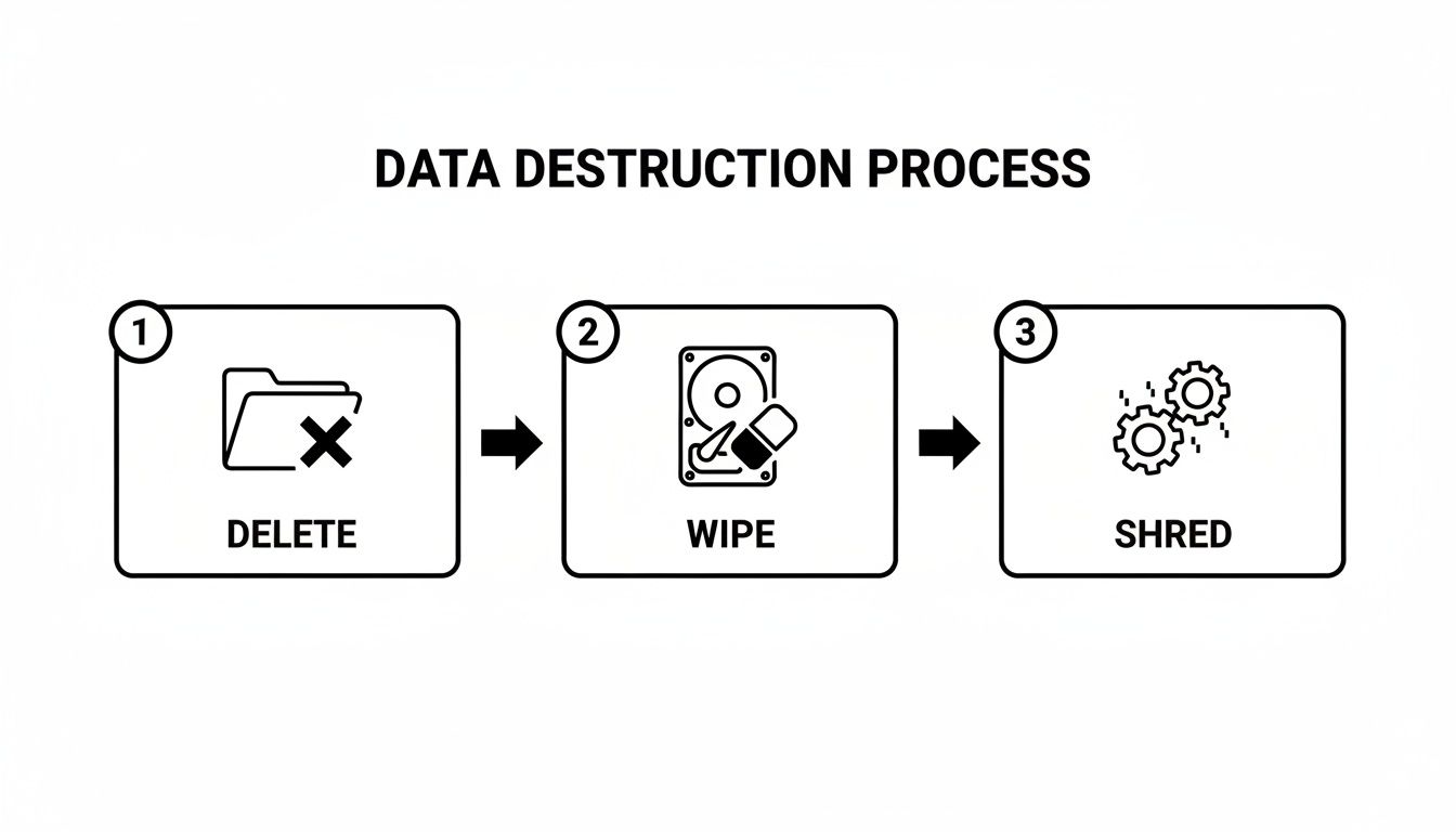 Diagram illustrating the data destruction process with three steps: delete, wipe, and shred.