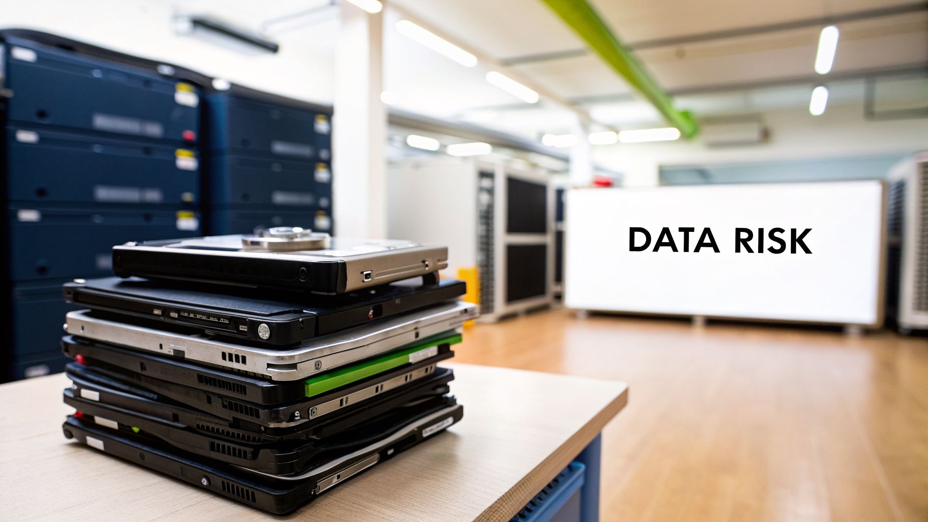 A stack of old laptops and hard drives on a table in a server room, with 'DATA RISK' on a screen.