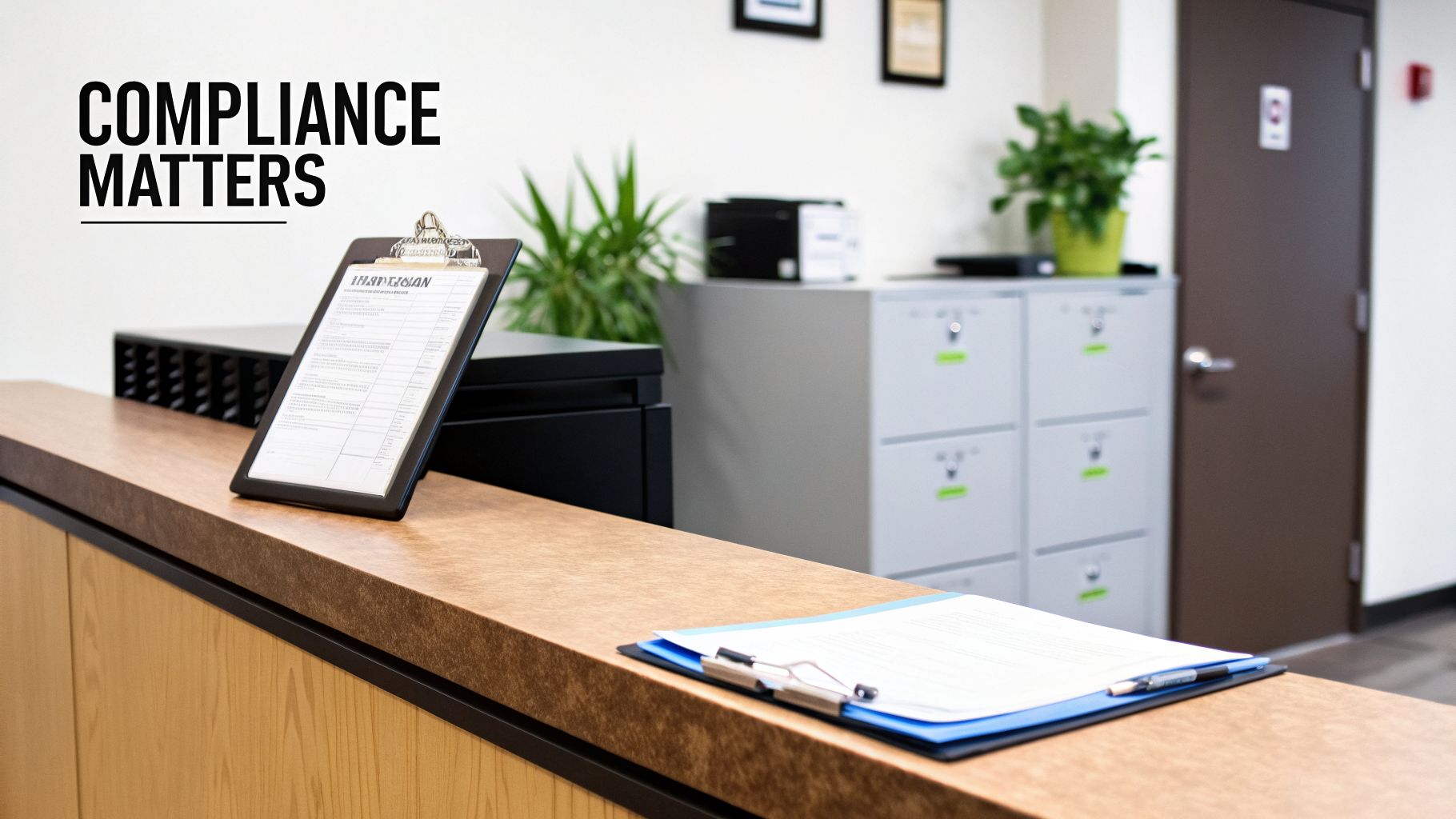 Office reception desk with clipboards, documents, and filing cabinets in the background.
