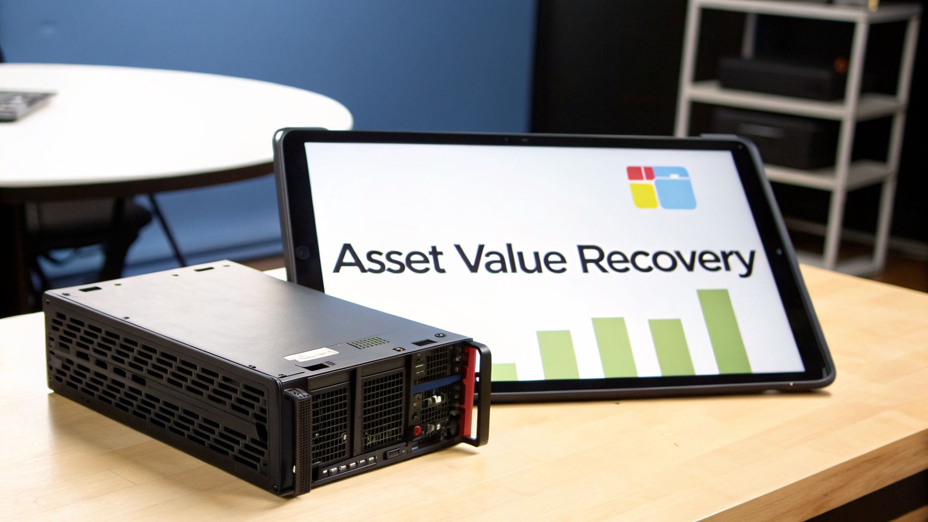 A black server unit rests on a wooden table next to a tablet displaying 'Asset Value Recovery' and a bar graph.