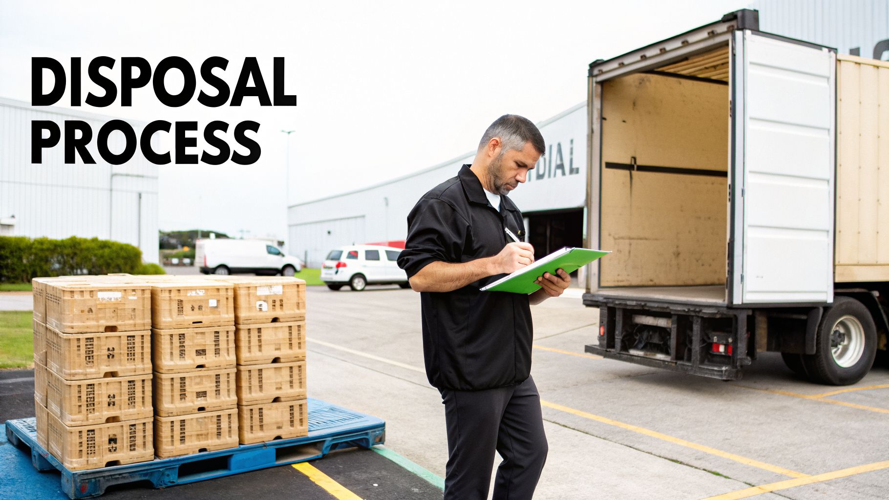 A man checks a clipboard next to stacked crates on a pallet and an open truck, indicating a disposal process.