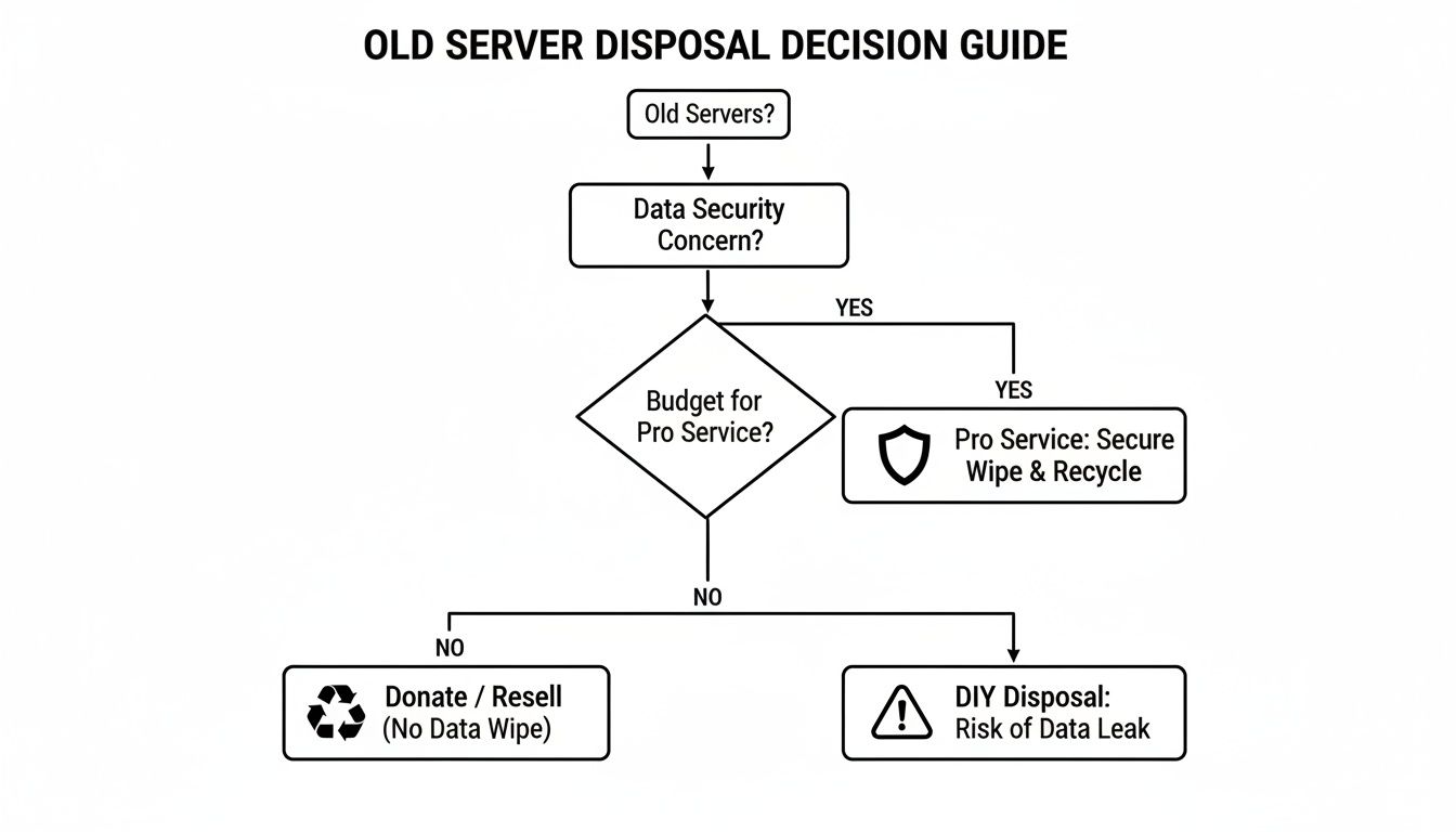 A flowchart decision guide for old server disposal, addressing data security and budget for services.