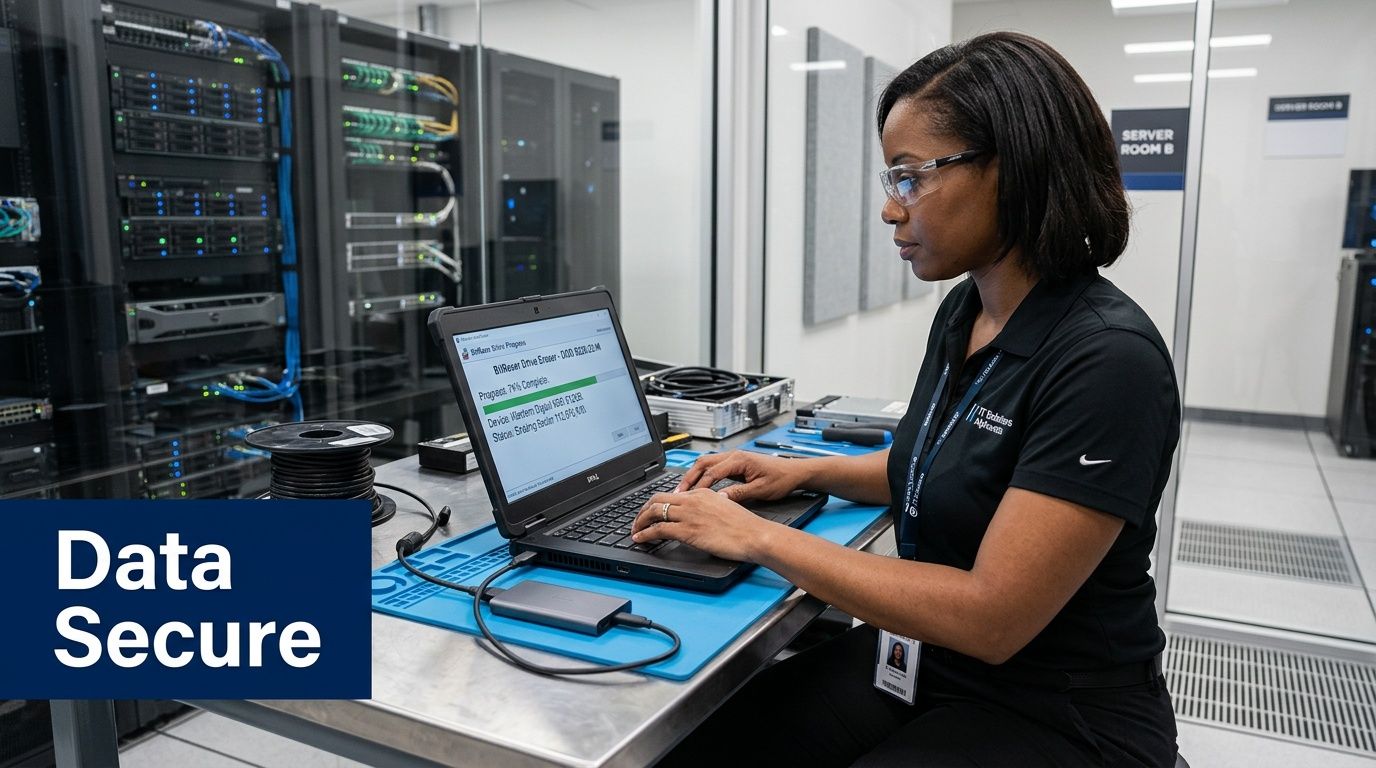 A professional technician wearing safety glasses uses a laptop to securely erase data in a server room.