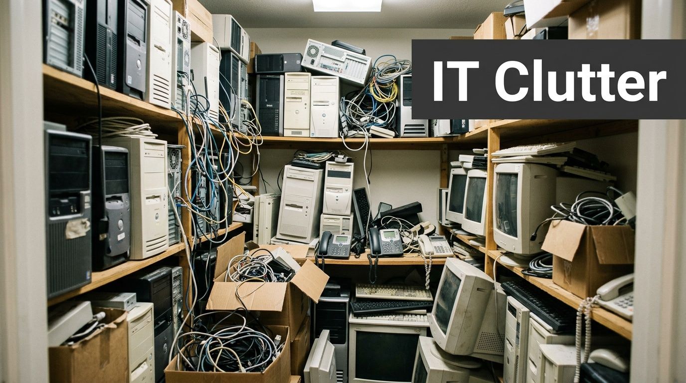 A crowded storage room filled with old desktop computers, monitors, tangled cables, and cardboard boxes.
