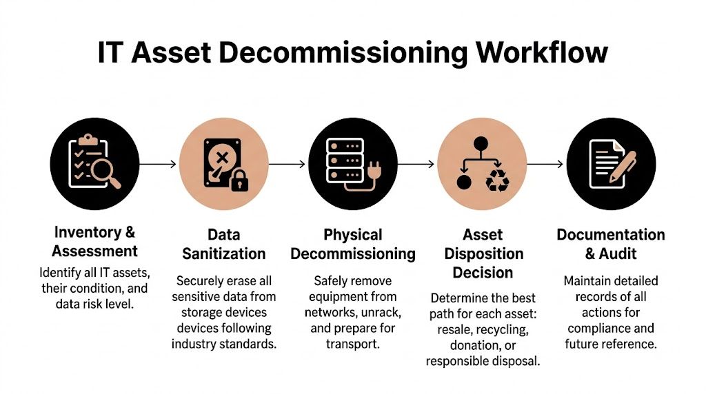 A five-step IT asset decommissioning workflow infographic showing the process from inventory assessment to final documentation.
