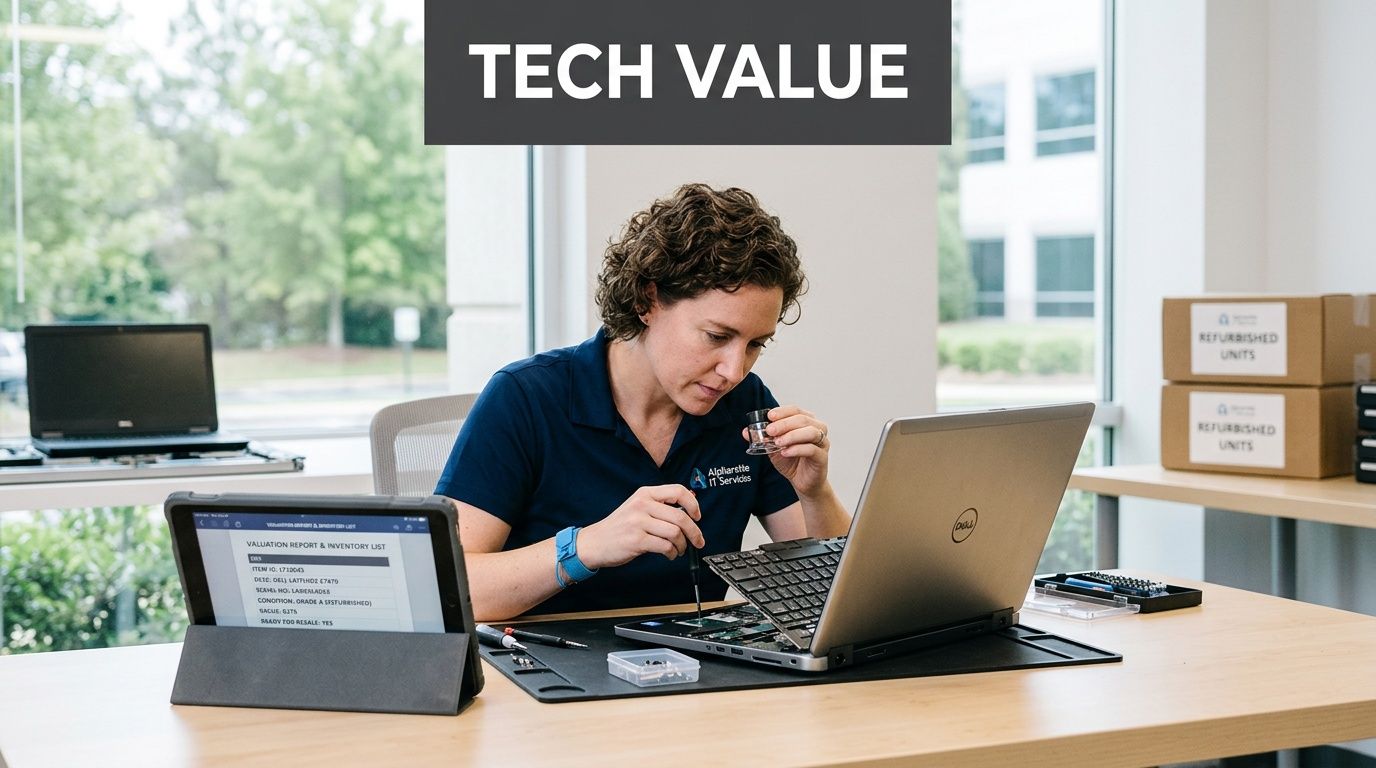 A technician using a magnifying tool to repair a laptop at an Alpharetta IT services facility workspace.