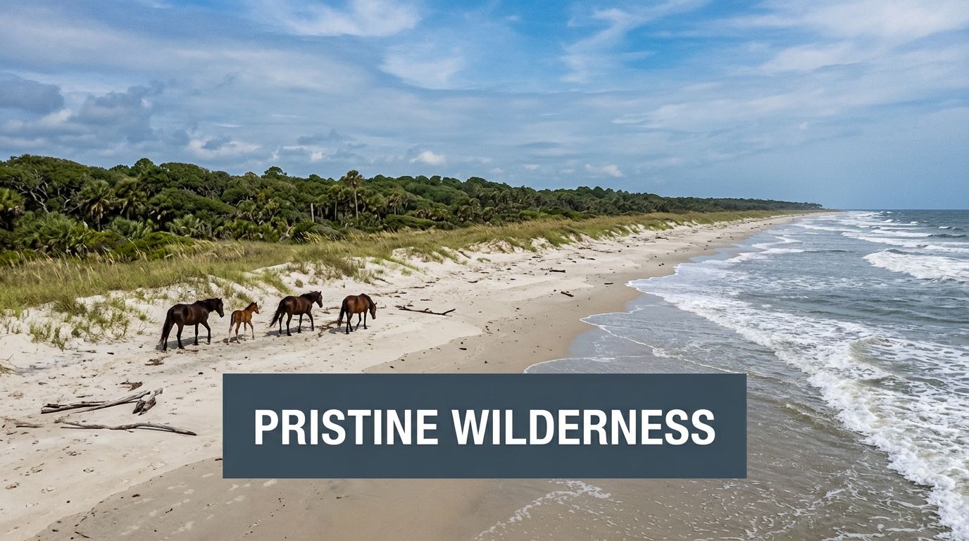 A group of wild horses walking along the sandy beach with a forest backdrop in Georgia