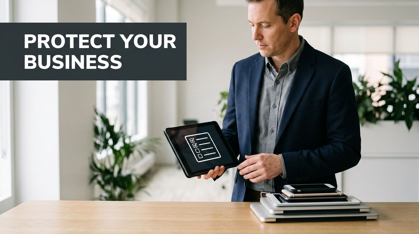 A businessman in a suit holds a tablet with a checklist icon, with a 'PROTECT YOUR BUSINESS' text overlay.