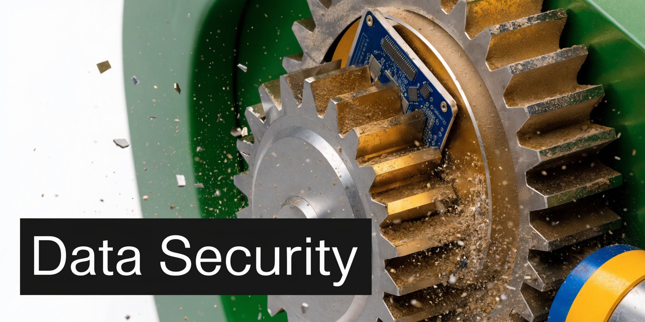 A circuit board being crushed between large industrial metal gears, symbolizing data destruction and recycling security.