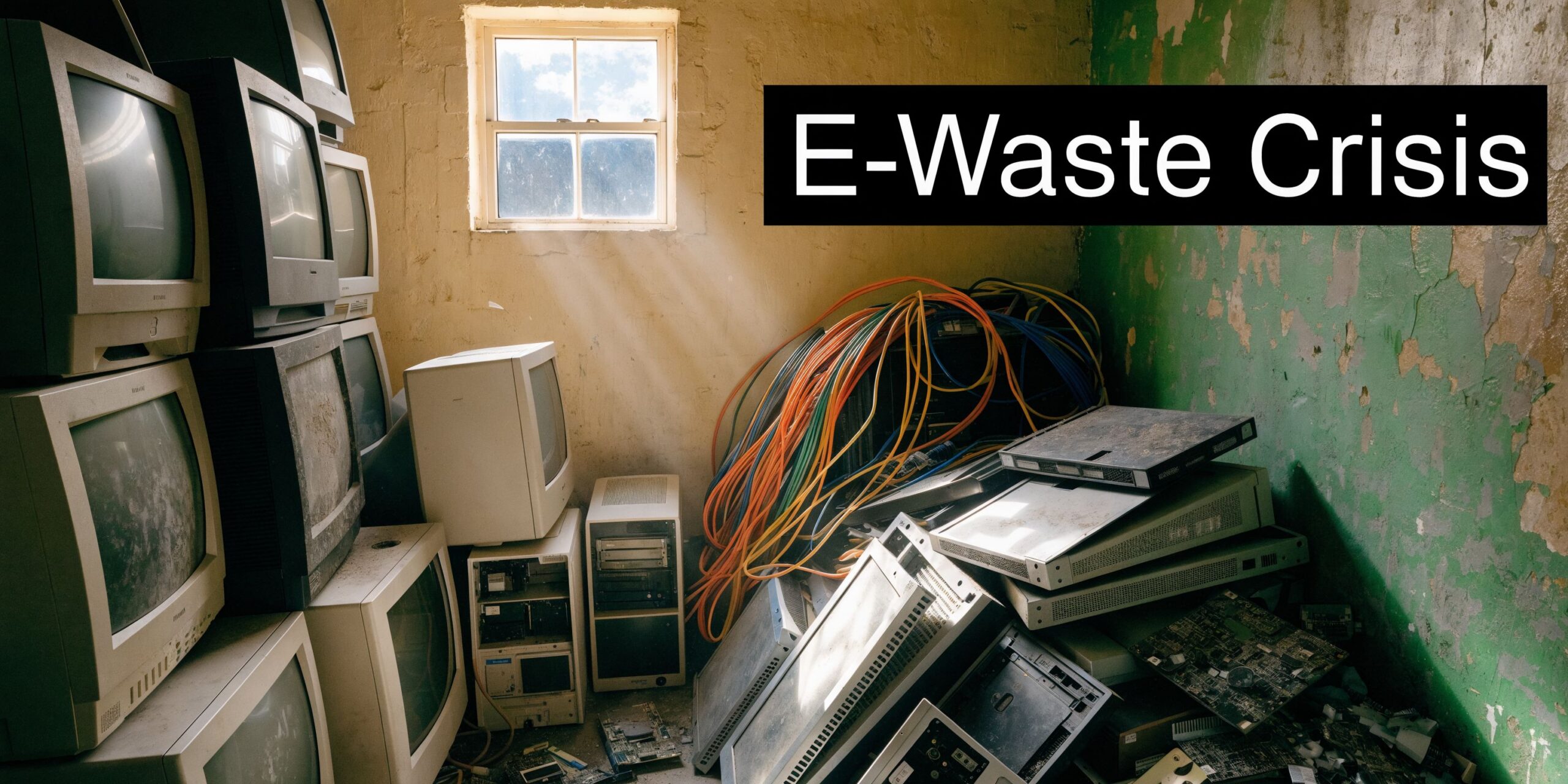 A pile of discarded vintage televisions, computer towers, and tangled wires in an old, dusty storage room.