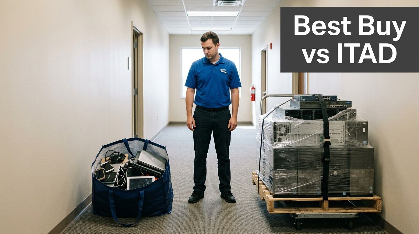 Man in blue shirt standing between a bag of electronics and a pallet of IT equipment, labeled 'Best Buy vs ITAD'.