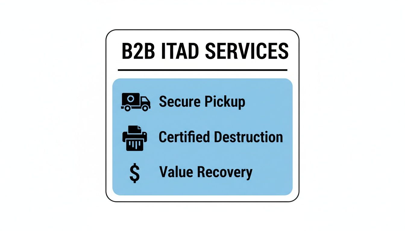 A sign listing B2B ITAD services including secure pickup, certified destruction, and value recovery.