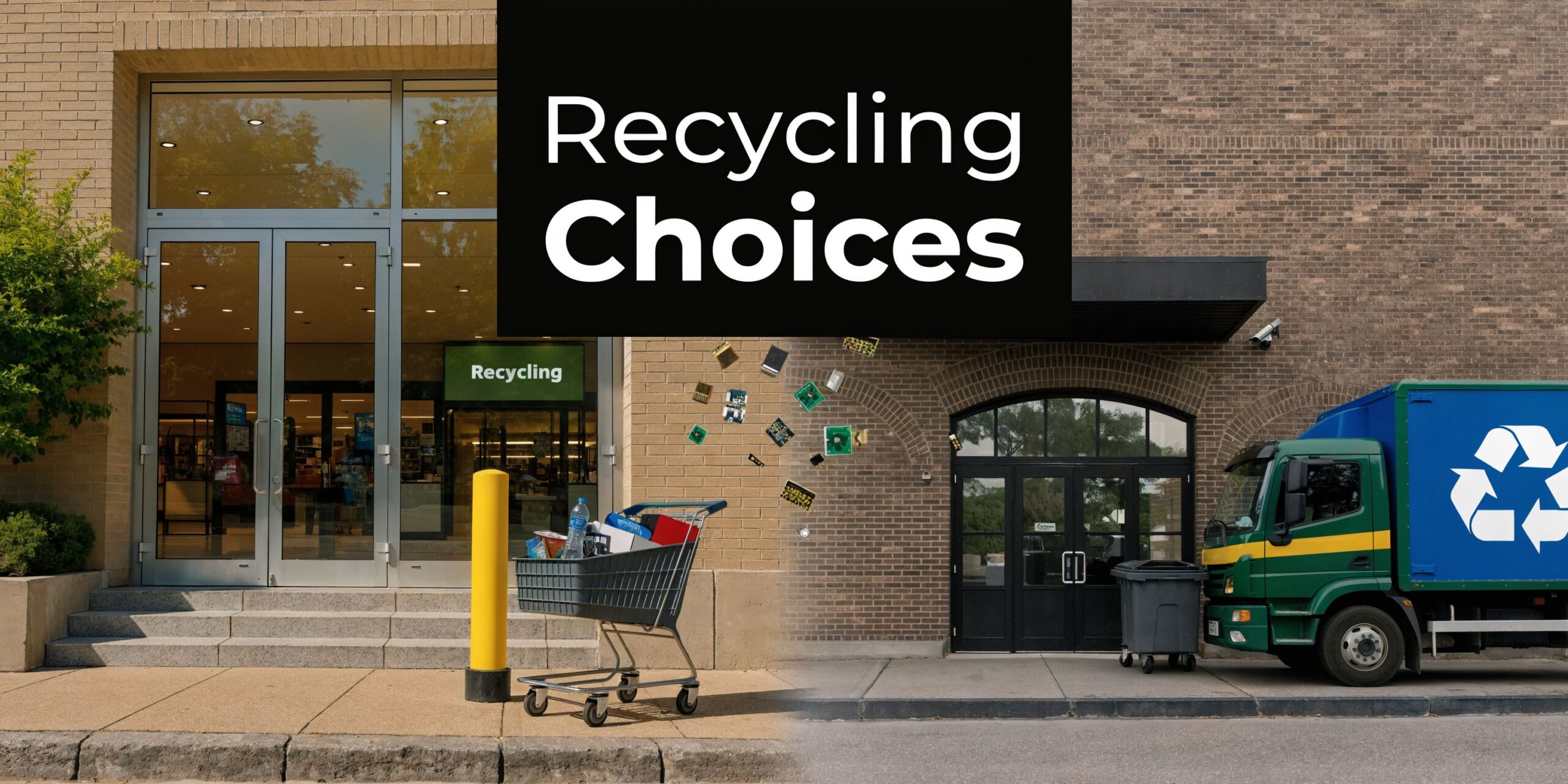 A split view image showing a store recycling drop-off point and a recycling collection truck outside.