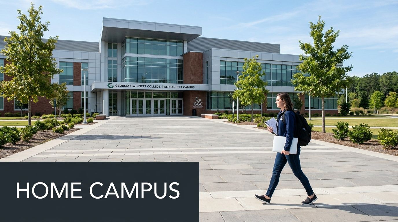 A student walking toward the modern Georgia Gwinnett College Alpharetta campus building on a sunny day.