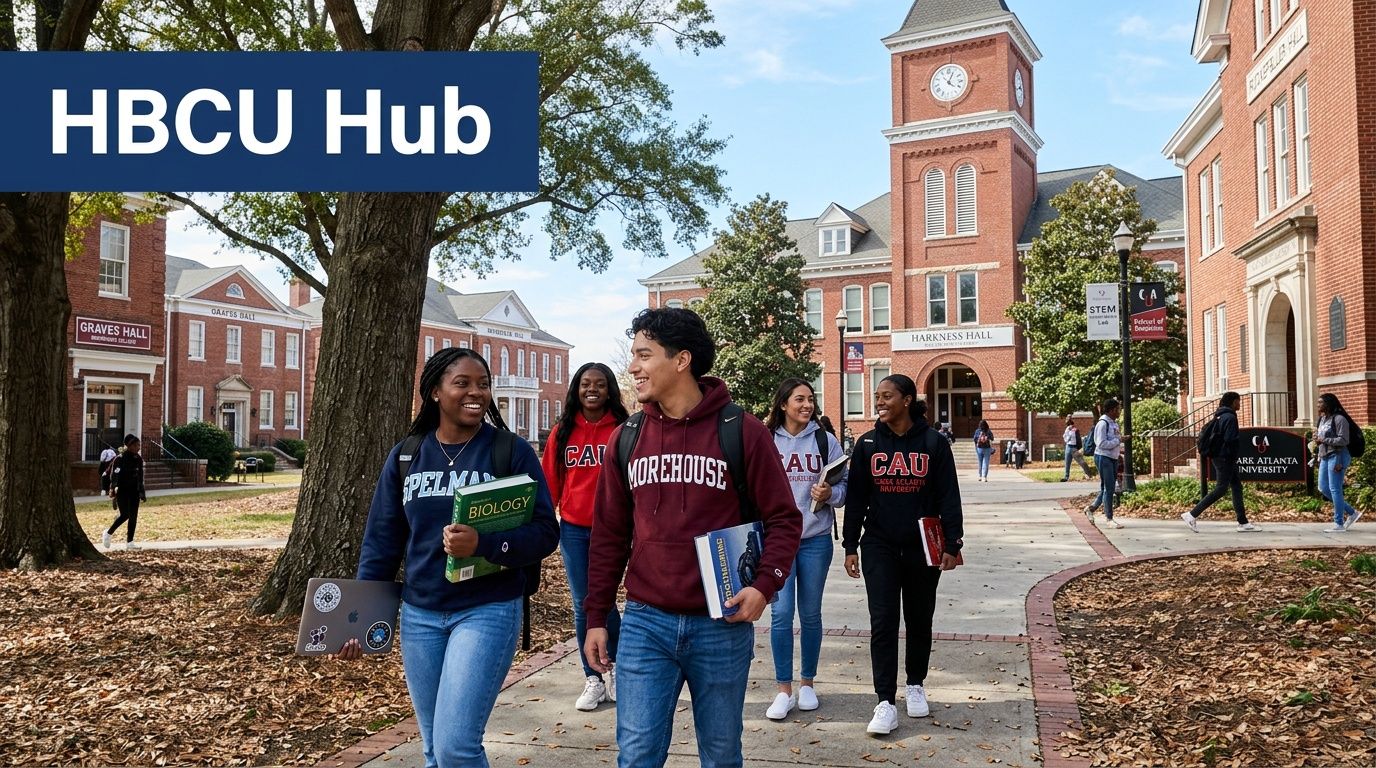 A diverse group of students walking together on a sunny college campus with historic brick buildings.
