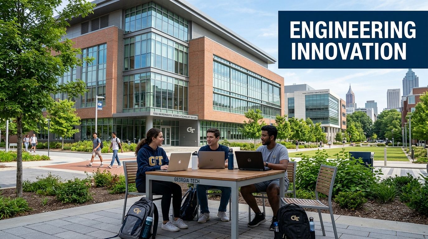 Three Georgia Tech students sitting at a modern outdoor table working on laptops on campus.