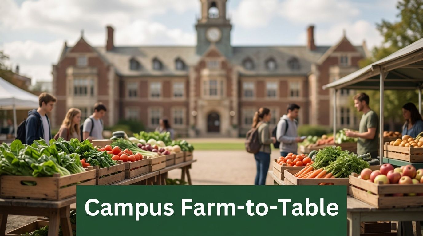 Students shopping at a vibrant outdoor farm-to-table campus market with fresh vegetables and fruits.
