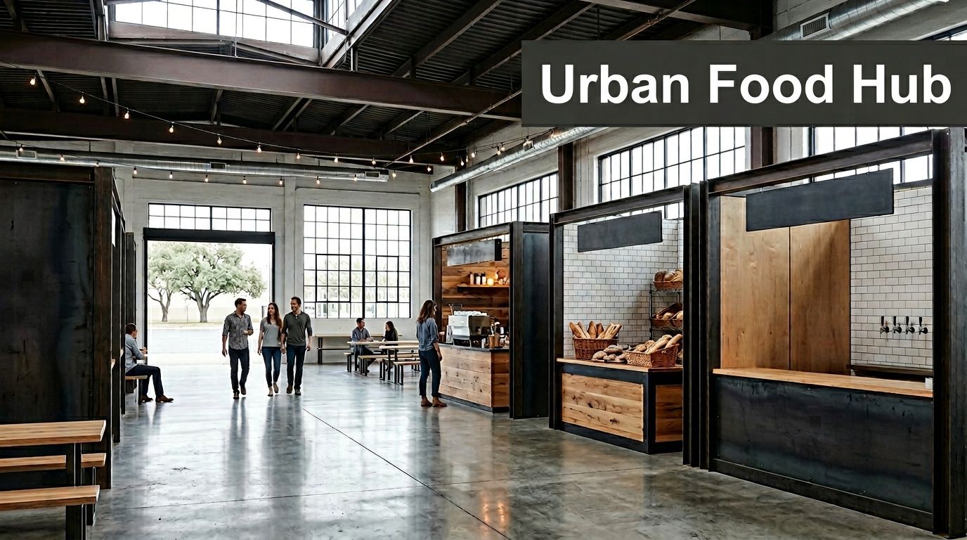 A modern industrial indoor food hall featuring vendors, seating areas, and people walking through the spacious facility.