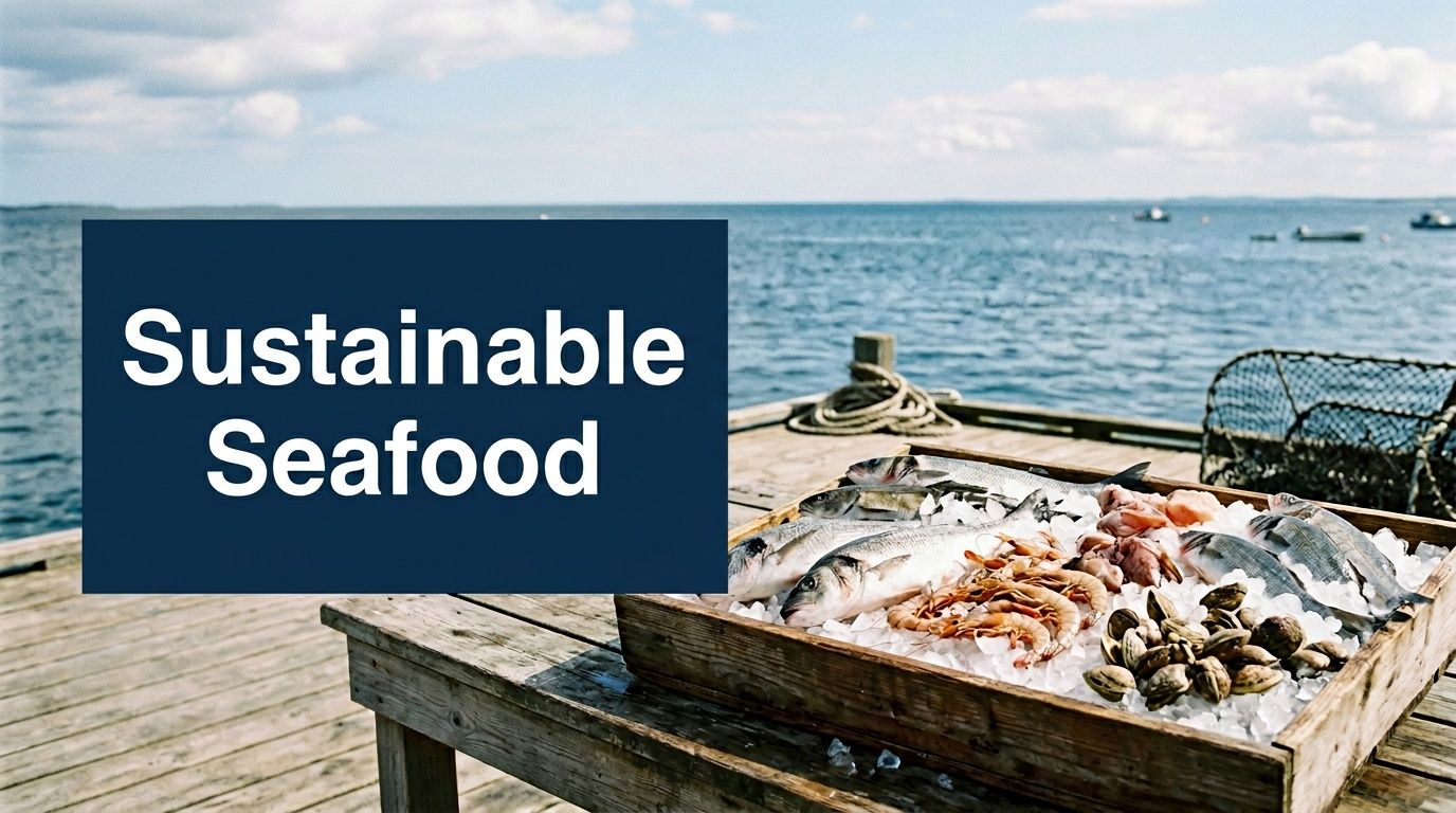 A wooden crate filled with fresh fish, shrimp, and clams on ice, placed on a dock.