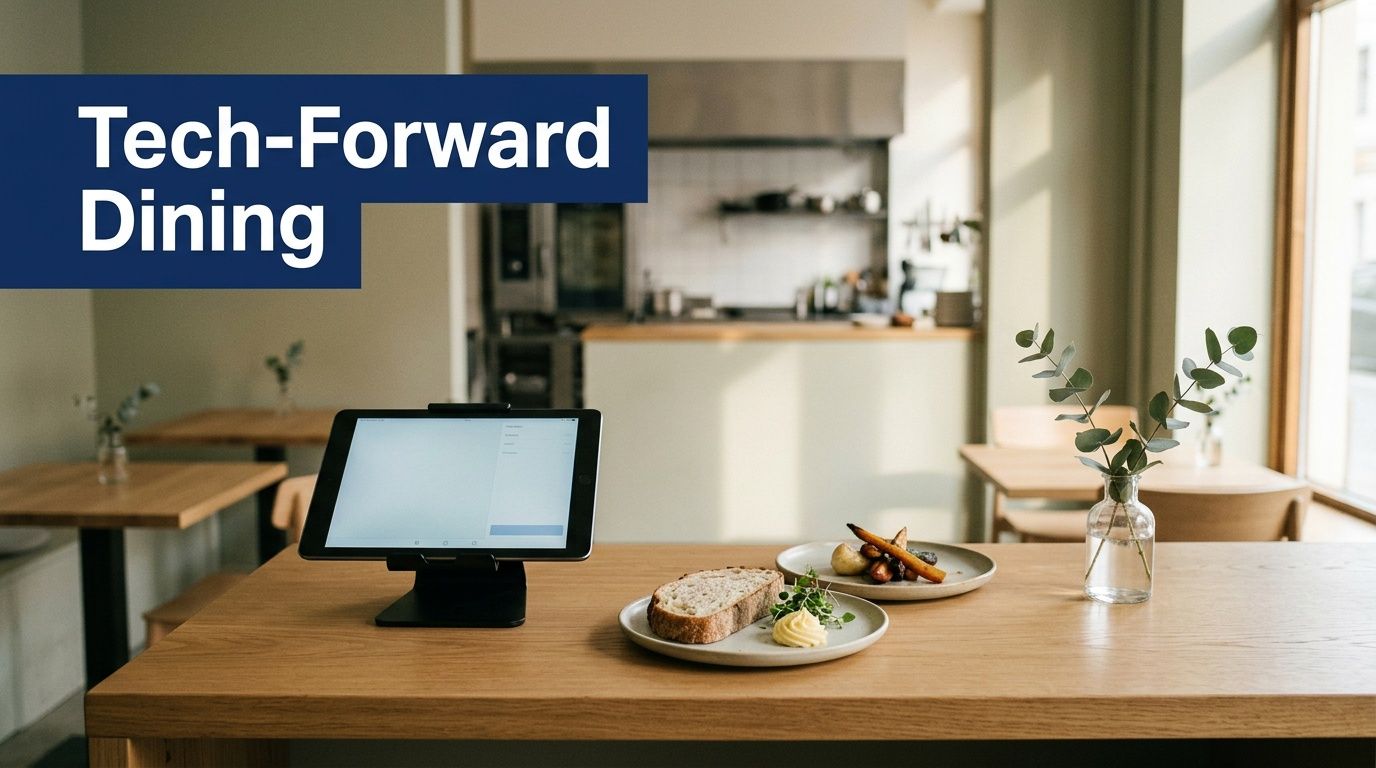 A modern restaurant table featuring a digital point of sale tablet, bread, and appetizers in a cafe.