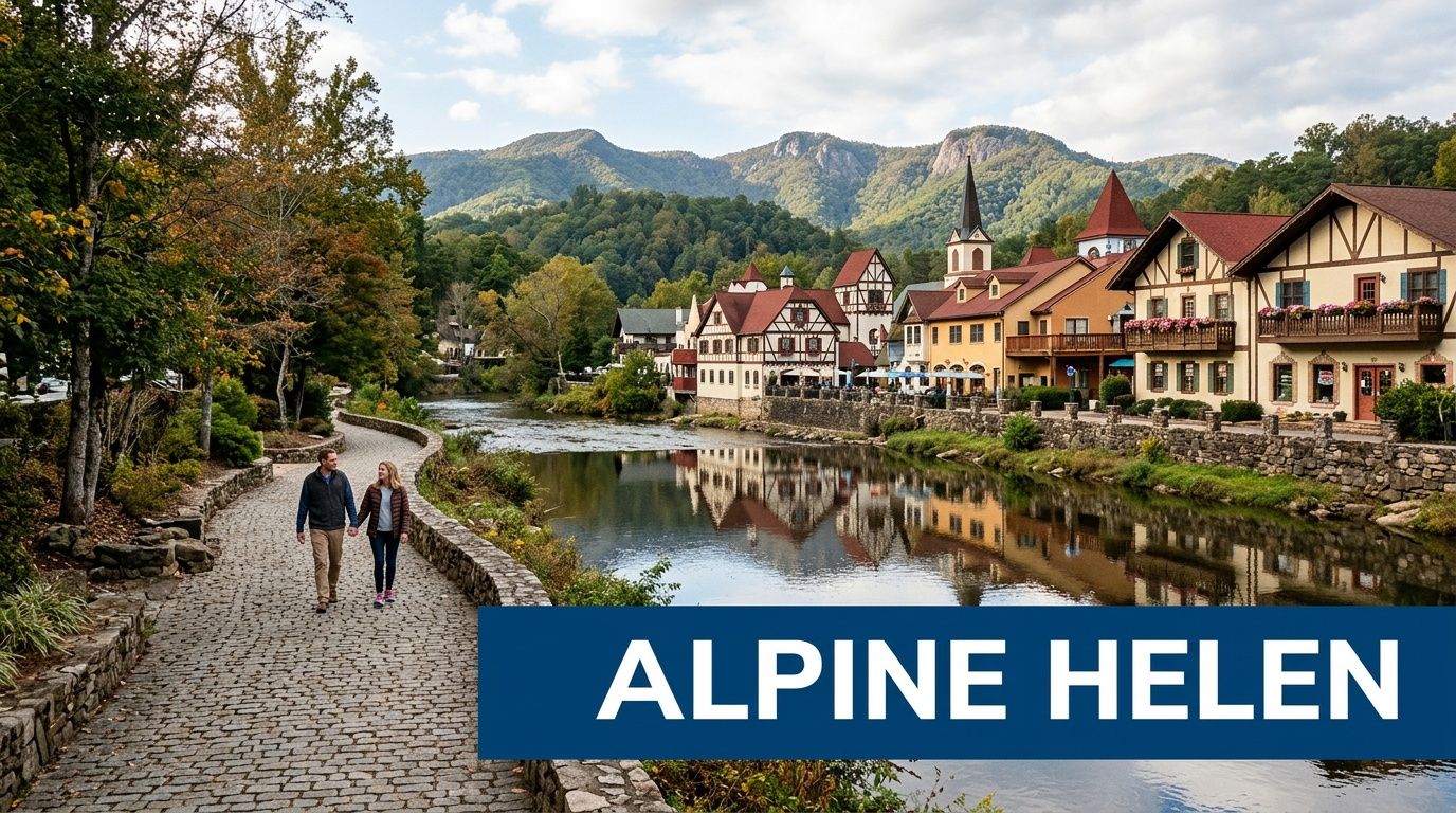 A couple walks along a cobblestone path by a river in the Bavarian-style village of Alpine Helen, Georgia.