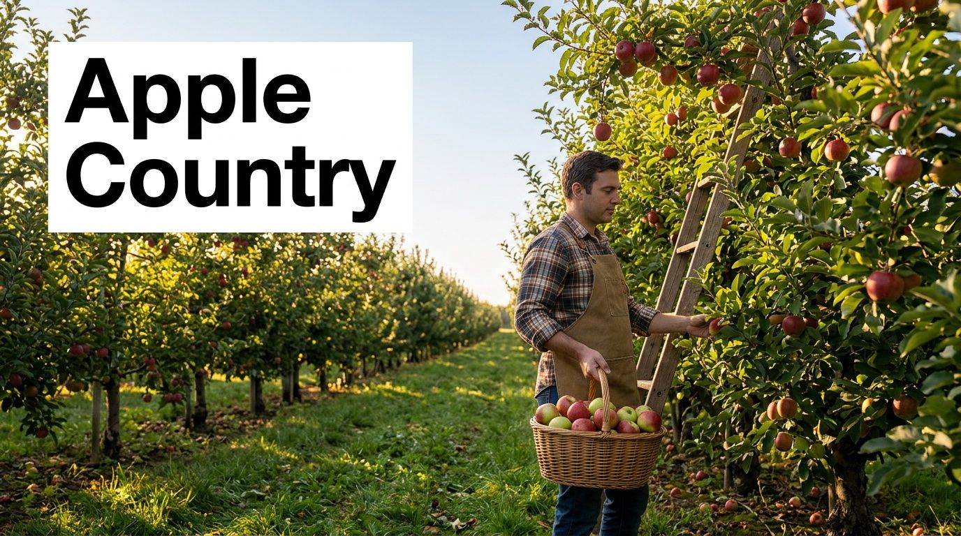 A farmer wearing an apron harvests fresh red apples into a wicker basket in a sunny orchard.