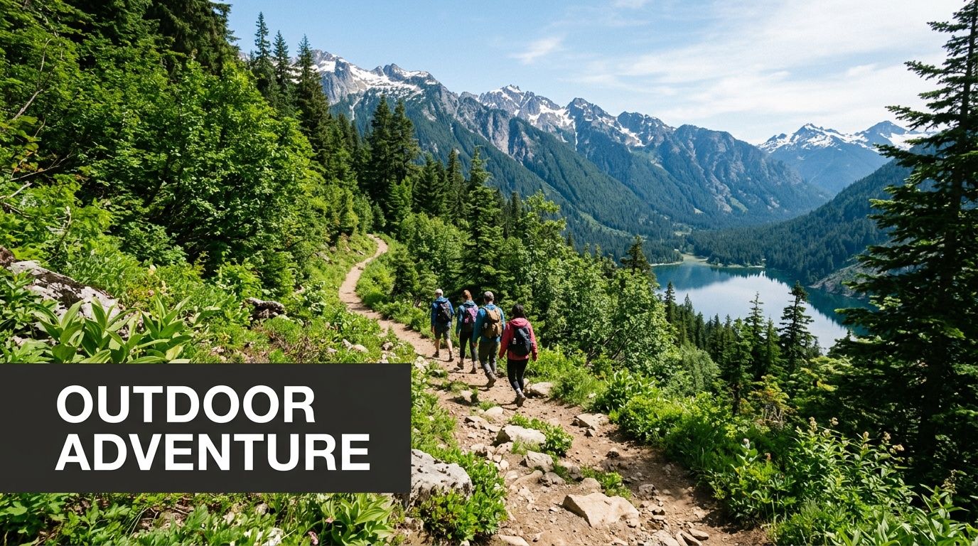 A group of four hikers walking along a scenic mountain trail overlooking a lake and snow-capped mountains.