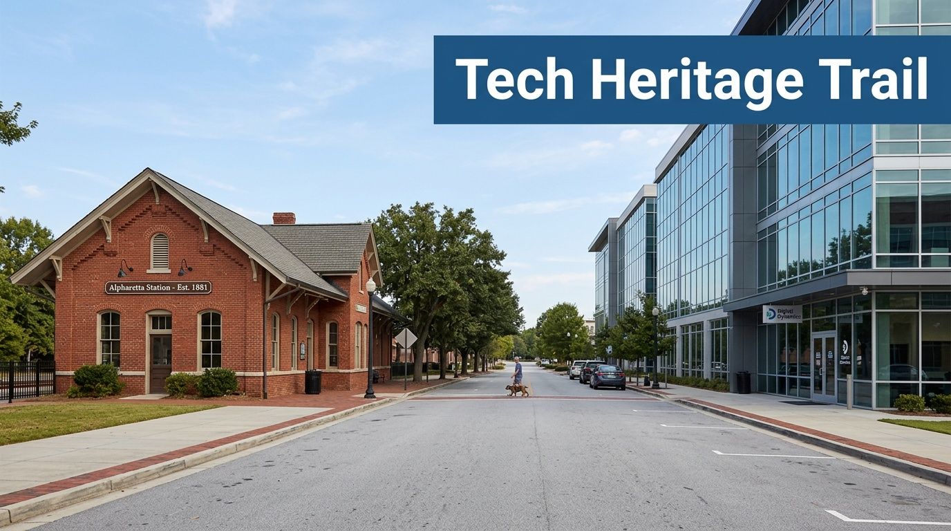 Historic Alpharetta Station building and modern glass office buildings along a paved city street in Georgia.
