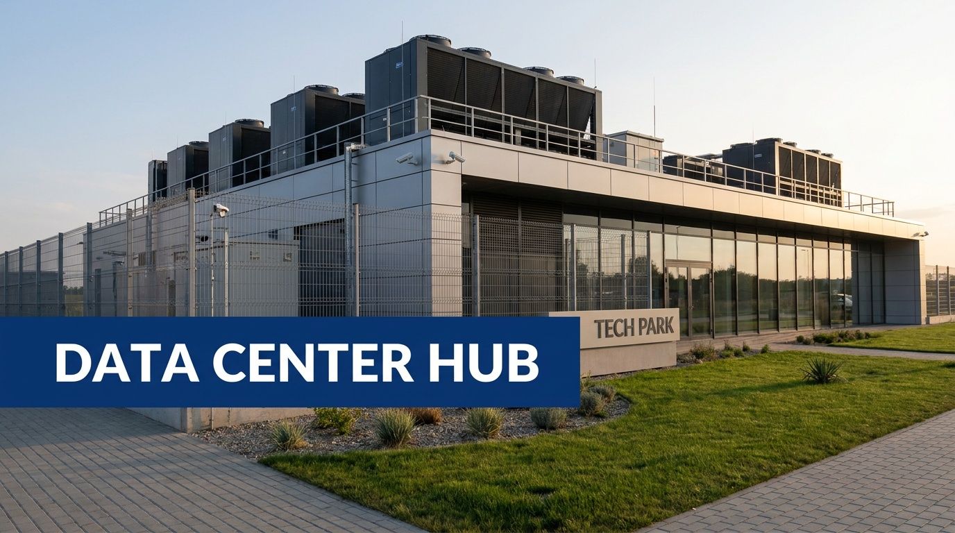 A modern, metallic industrial data center building with rooftop cooling systems located in a landscaped tech park.