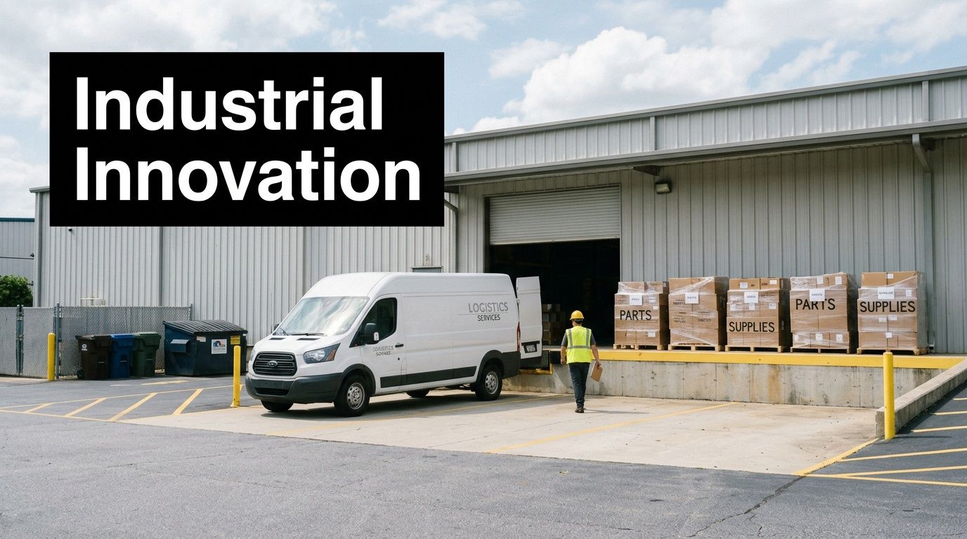 A logistics worker in a yellow vest prepares to load a white van at a warehouse facility.