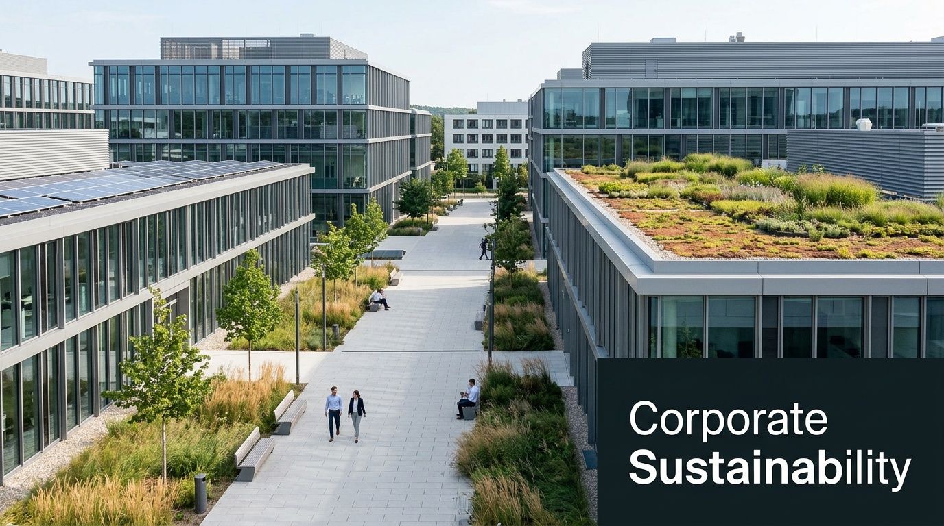 A modern office campus with sustainable buildings featuring green roof gardens and solar panels, sunny daylight.