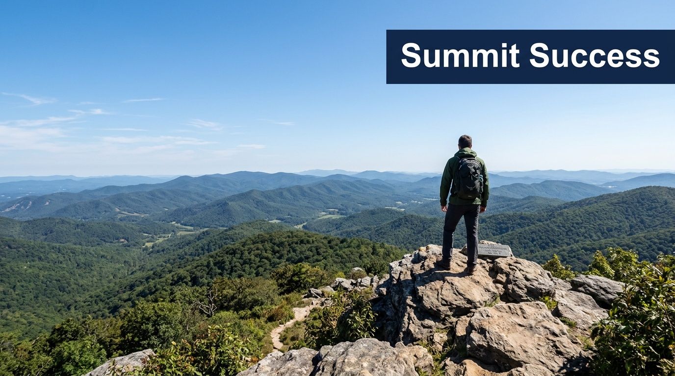 A hiker stands on a rocky mountain peak looking over lush green hills under a blue sky.