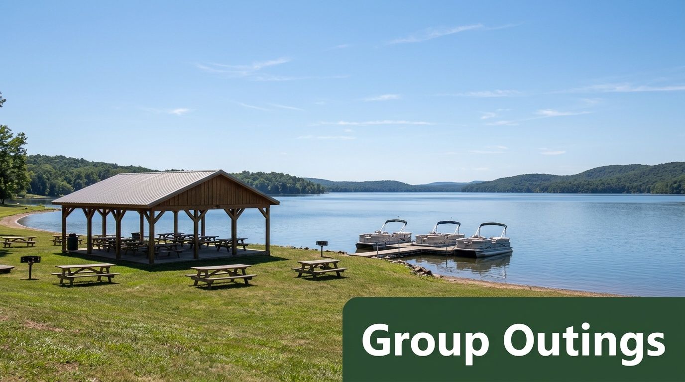 A scenic lakefront pavilion with picnic tables and three pontoon boats docked on a sunny day.