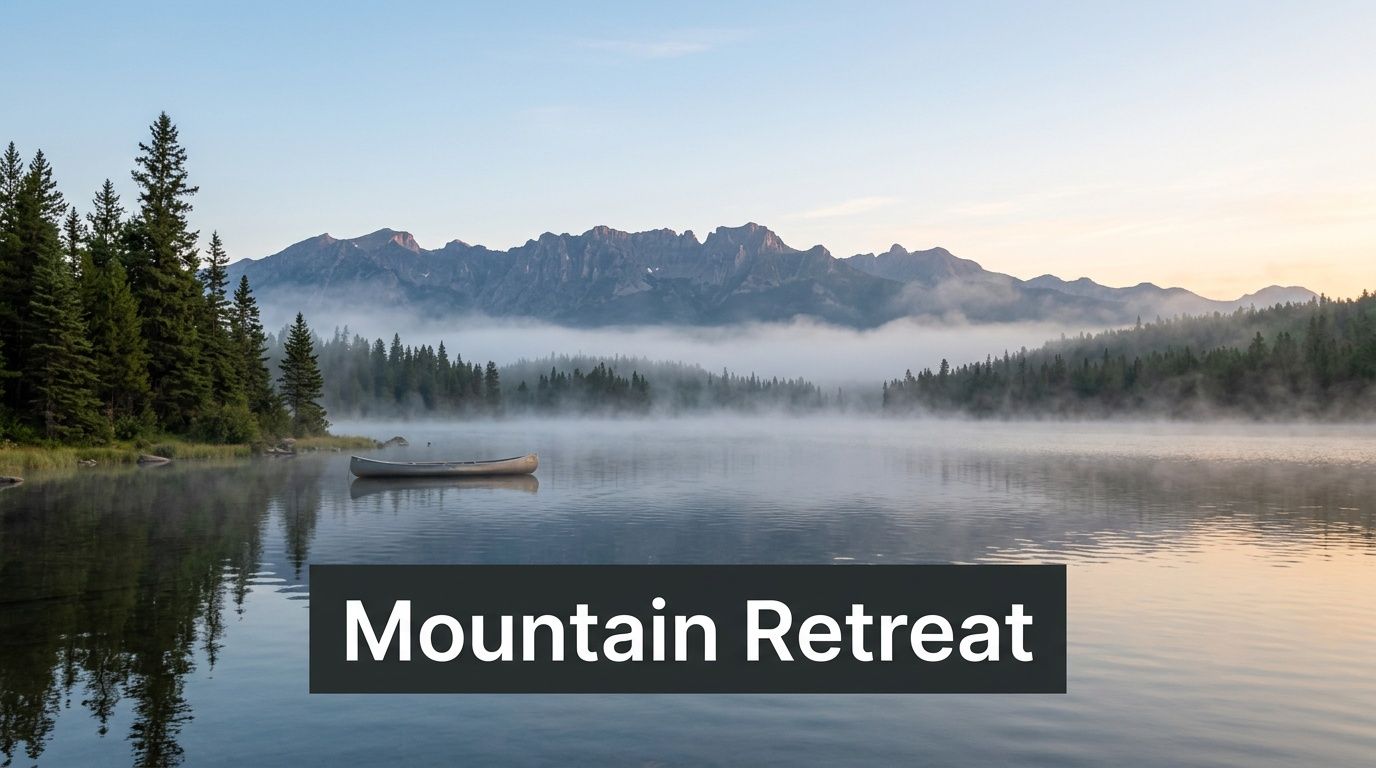 A serene mountain lake at sunrise with a lone canoe drifting through the morning mist.