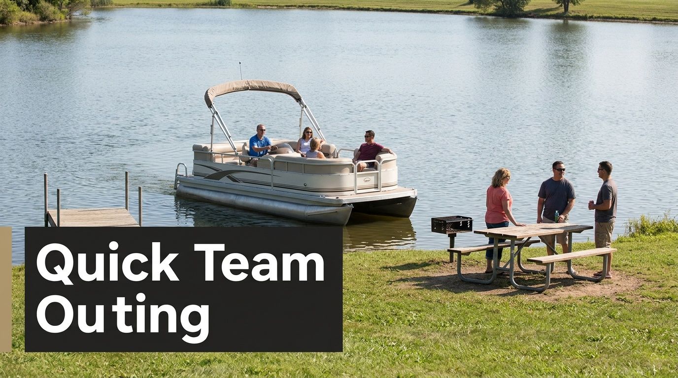 A group of friends enjoys a relaxing day by the lake with a pontoon boat and picnic table.