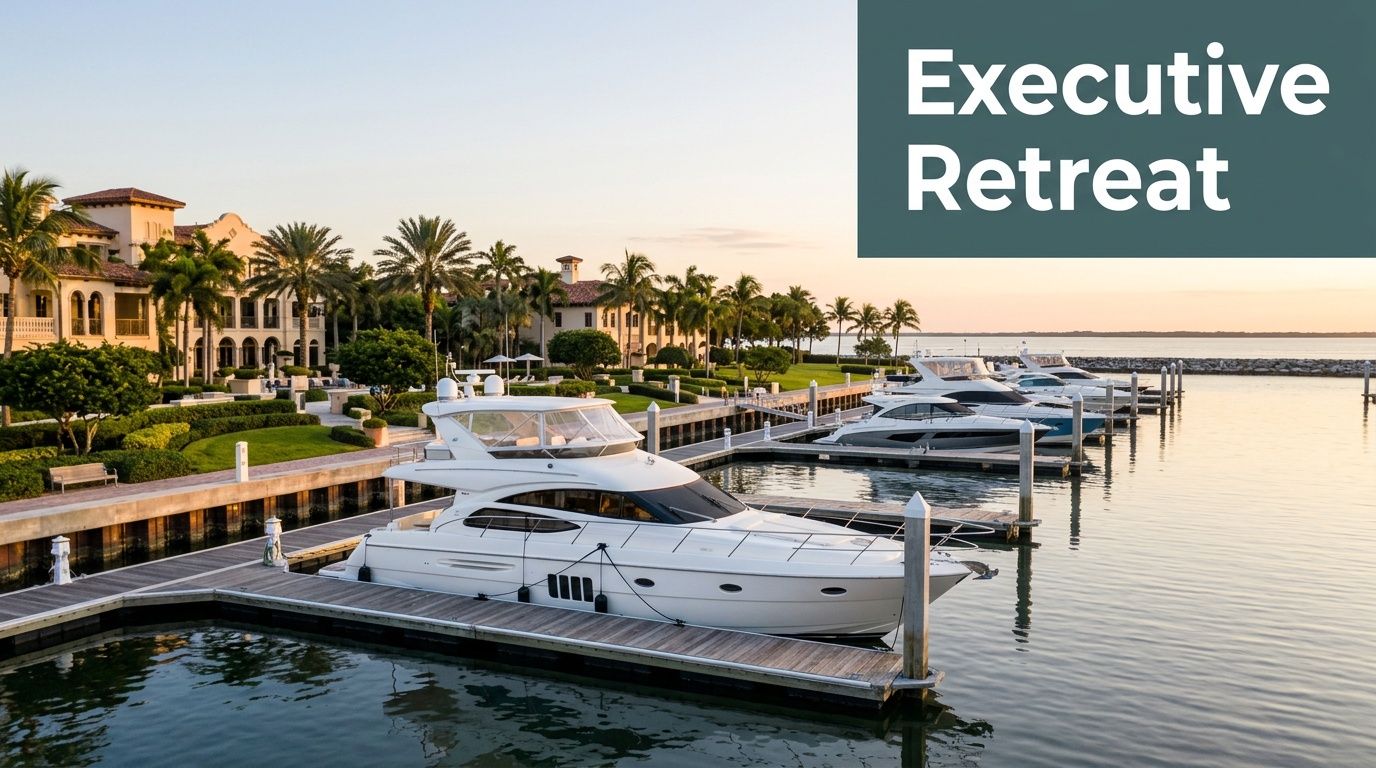 A luxurious yacht moored at a scenic marina fronting an upscale resort villa during a sunset.
