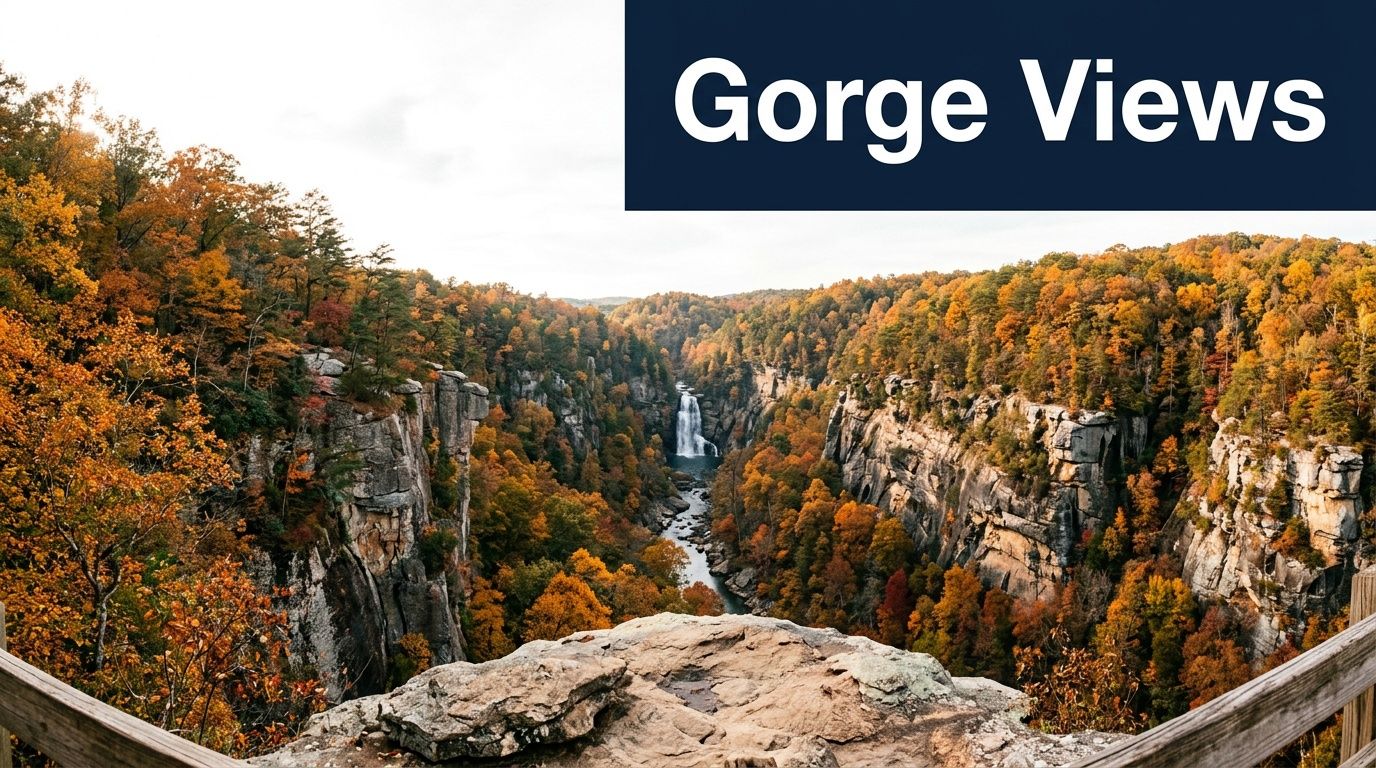 A scenic lookout over Cloudland Canyon featuring vibrant autumn foliage surrounding a waterfall in a deep gorge.